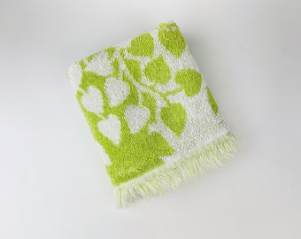 Vintage 'Fieldcrest' Green + White Rectangular Fringe Hand Towel - Made In USA - Cotton/Polyester Blend