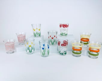 Vintage Mid Century 1960s Juice Glasses - Floral & Striped Patterned Glassware - Sets Sold Separately