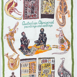 Vintage 1970s Australian Aboriginal Art Linen Tea Towel – Canberra Souvenir