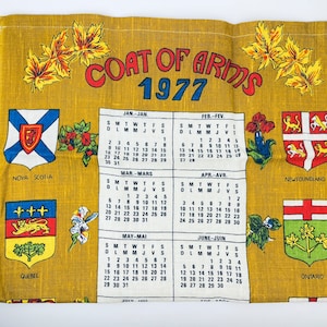 Vintage 1977 Calendar Tea Towel - Canada Coat Of Arms - Excellent Birthday Gift