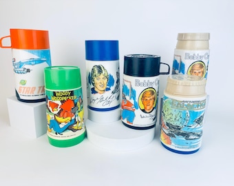 Vintage 1970s Aladdin insulated kids thermos – Star Trek • Woody Woodpecker • Bobby Orr • Wayne Gretzky • Battlestar Galactica designs