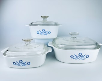 Vintage azul aciano Corning Ware Lidded Cazuela Platos - Hecho en Canadá - Se vende por separado