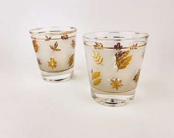 Vintage Low Ball Glasses - Set of Two (2) - Frosted Gold Leaf Pattern