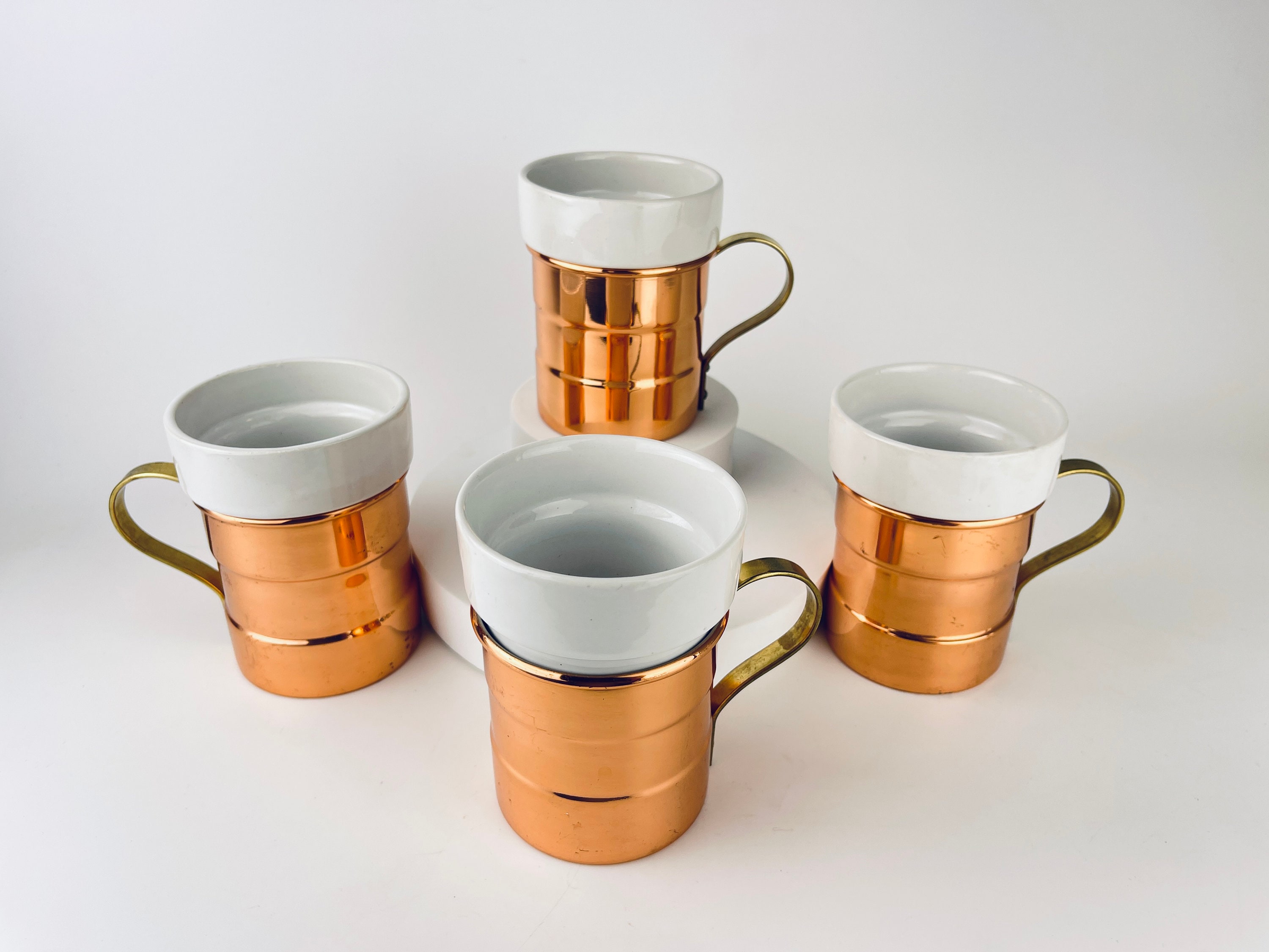 Ceramic Insert Copper Coffee Mugs Cups Korea Set of 4 Drinkware Retro Metal  Boho
