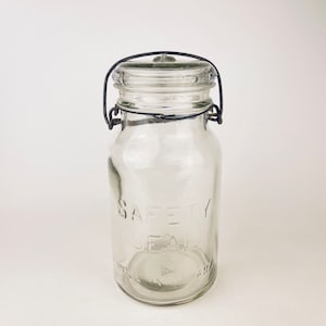 Antique &#39;Safety Seal&#39; Wide Mouth Glass Jar - 2 Pint Capacity - Metal Hinge Clasp AKA Lightning Jar - Made In Canada - Farmhouse Decor