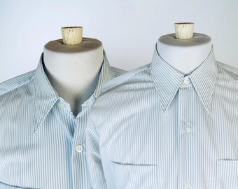 Vintage 1970's Blue + Grey Striped Short Sleeve Button Up Shirts - 100% Nylon - Made In Hong Kong By  'BEAU-VILLE' - Sold Separately