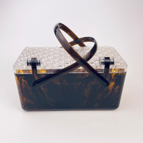 Vintage Faux Tortoiseshell Lucite Cosmetics/ Make Up Organizer - Merle shops Norman - Textured Clear Lid + Handles