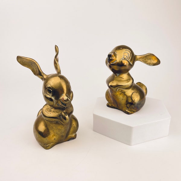 Vintage Brass Bunny's Set Of Two (2) - Desktop/Tabletop Brass Decor - Attractive Aged Metal Patina