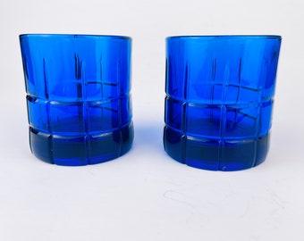 Vintage Cobalt Blue Anchor Hocking Low Ball Rock Glasses - Set of Two (2) - Etched Line Design