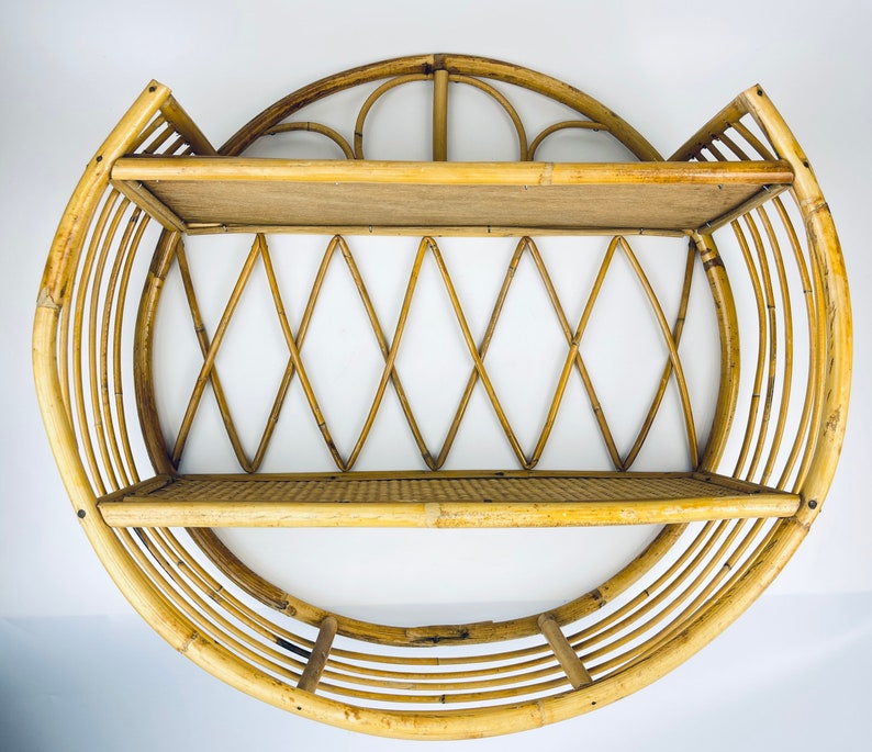 Vintage Round Bamboo Rattan Wall Shelf Twotier BOHO Etsy