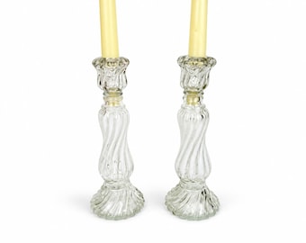 Vintage AVON White & Clear Swirl Glass Candlestick Holders Perfume Decanters