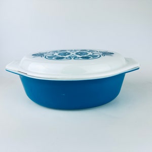 Vintage Yellow and Blue Leaf Fire King Casserole Dish w/Blue