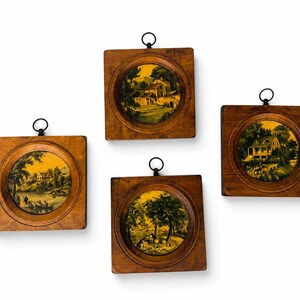 Vintage Prattware Pot Lid Wall Art – Woodcraftery English Countryside Scenes – Set of 4 – 1950s Square Wood Plaques – Rustic Colonial Decor