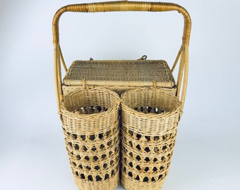Vintage Bamboo + Wicker Handled Picnic Basket - Wine + Bread Holders