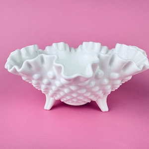 Vintage &#39;Fenton&#39; Hobnail Milk Glass Ruffled Decorative Bowl - 8&quot;
