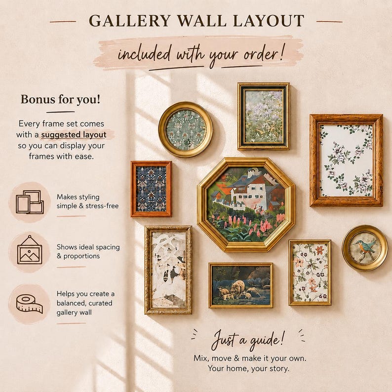 May include: A gallery wall layout featuring various framed art pieces in different shapes and sizes. The frames are in gold and wood tones, with artwork including floral prints and landscape paintings. Text on the image reads "Gallery Wall Layout" and "Just a guide!"
