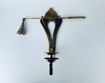 Vintage Solid Brass Wall Sconce Candlestick Holder + Snuffer/Doubter - Attractive Aged Patina