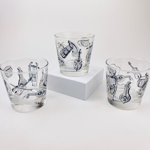 Vintage Musical Instruments Low Ball Drinking Glasses - Set of Three (3) - Musician Gift - Vintage Barware - Libbey Glassware