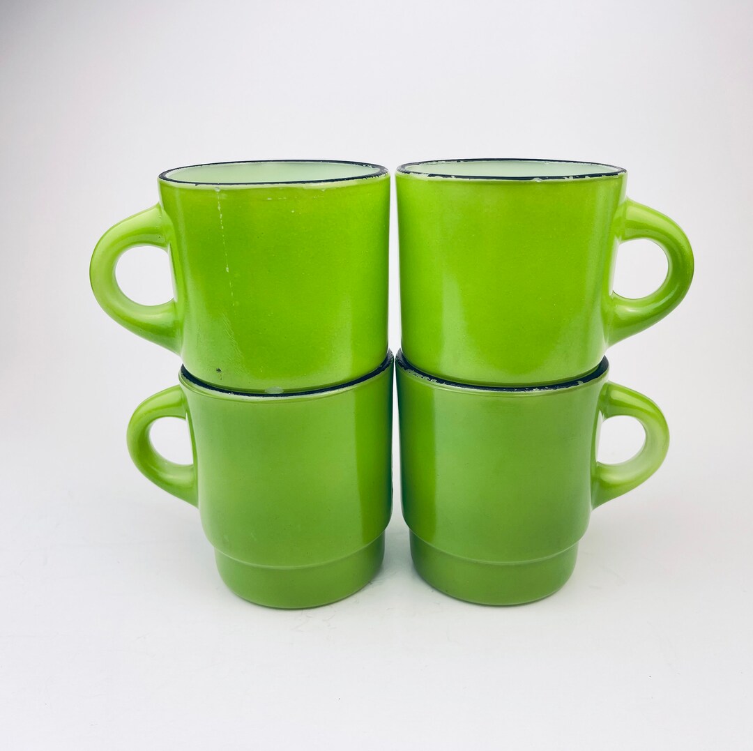 Vintage Anchor Hocking Fire King Green Black Rim Stacking Glass Mug