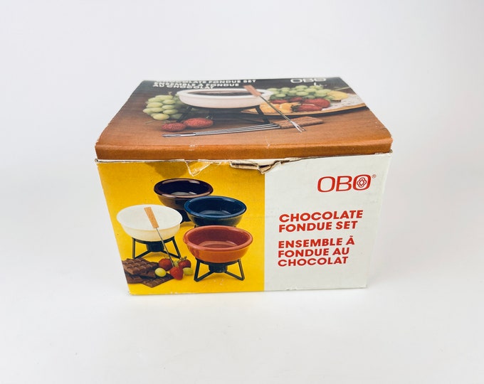 Vintage 'OBO' Chocolate Fondue Set - Cranberry Ceramic Pot - Burner + Candle - Fondue Forks - (NOS) New Old Stock - Dessert Fondue