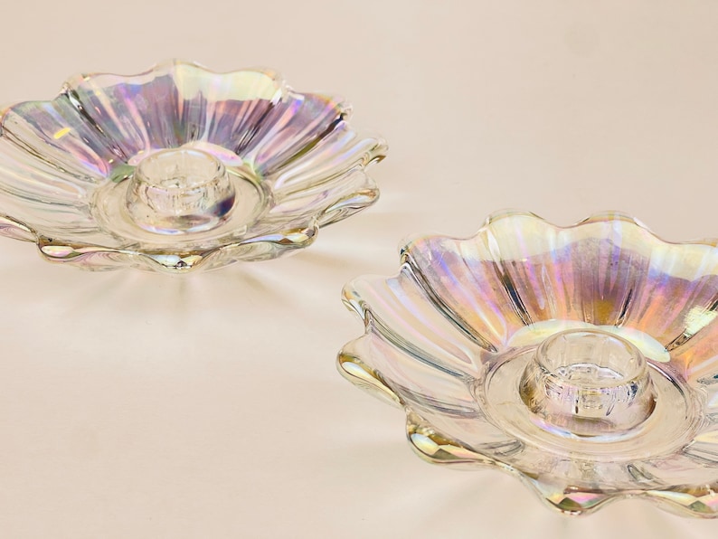 Vintage Carnival Glass Scalloped Candlestick Holders Set Of Two 2 image 1