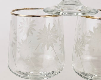 Vintage Gold Rimmed White Matte Pinwheel Pattern Mini Goblets - Set of Three (3) - Barware Gift