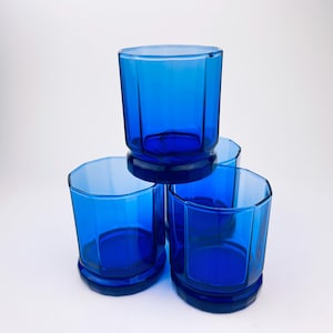 Vintage Cobalt Blue Drinking Glasses - Set of Four (4) - Decagonal Geometric Design