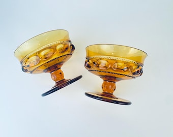 Vintage Amber ‘Kings Crown’ Thumbprint Indiana Pressed Glass Glassware - Set Of Two (2)