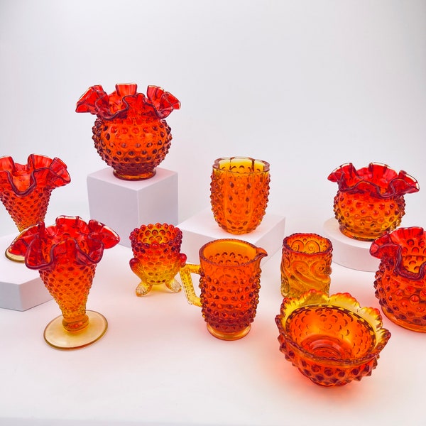 Vintage Fenton Amberina Red Ombre Hobnail Glassware - Various Pieces