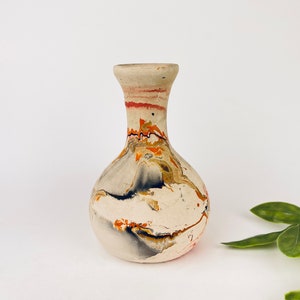 Vintage Nemadji Pottery Swirl Bud Keramik Vase - Beige Orange + Schwarzes Muster - Made In USA