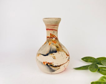 Vintage Beige Orange + Black Swirl Bud Pottery Vase -  Nemadji Pottery - Made In USA