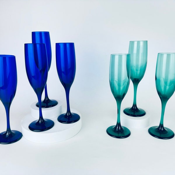 Vintage 'Libbey' Fluted Champagne Drinking Glasses - Aqua Green + Cobalt Blue - Sets Sold Separately