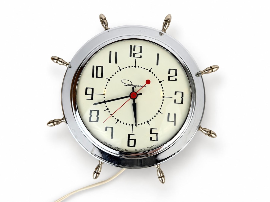 ヴィンテージ時計 Ingraham イングラムUSA トラベル CHUM Vintage Mid-century Silver Chrome 'ingraham' Nautical Wall Clock