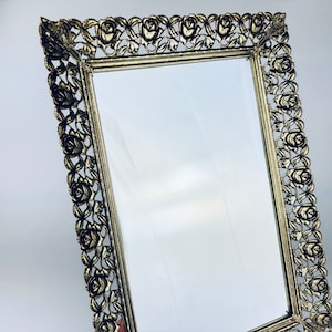Vintage Ornate Gold Metal Rose Floral Rectangular Mirror Tray - Perfume/Vanity Organizer - Hollywood Regency Decor