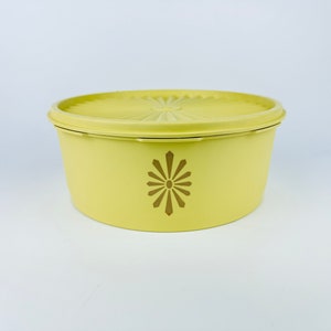 Puede incluir: Un recipiente de plástico amarillo pálido con una tapa a juego. El recipiente tiene forma redonda y un diseño decorativo de explosión solar en la parte delantera. La tapa también presenta un diseño de explosión solar. Este recipiente de almacenamiento vintage es probablemente de mediados del siglo XX.