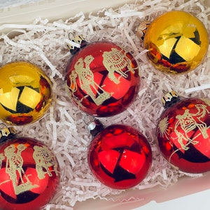 Vintage Red + Gold Glitter 'Three Wisemen; Glass Christmas Tree Ornaments - Set Of Six (6)