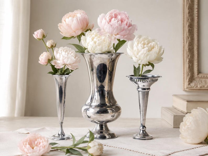 May include: Three silver-toned metal vases of varying heights and shapes, each holding fresh flowers. The center vase is wide and bulbous, while the two flanking vases are slender and trumpet-shaped. Pale pink and white peony blossoms are arranged inside.