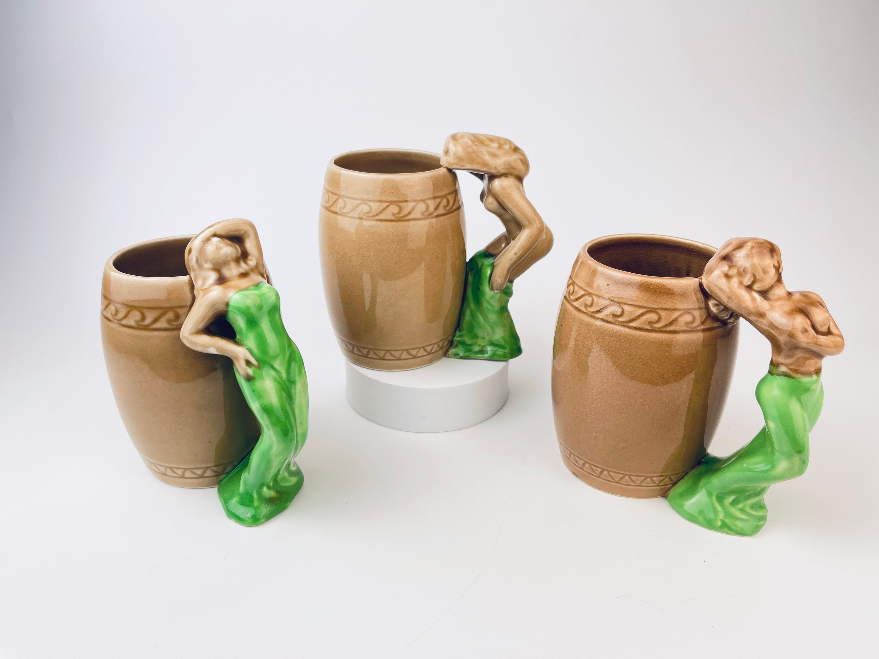 Vintage Risqué Nude Woman Barrel Shaped Brown Ceramic Mug - Sold