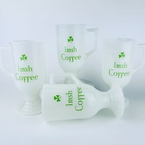 Vintage Milk Glass Irish Coffee Shamrock Pedestal Mugs - Set of Four (4)