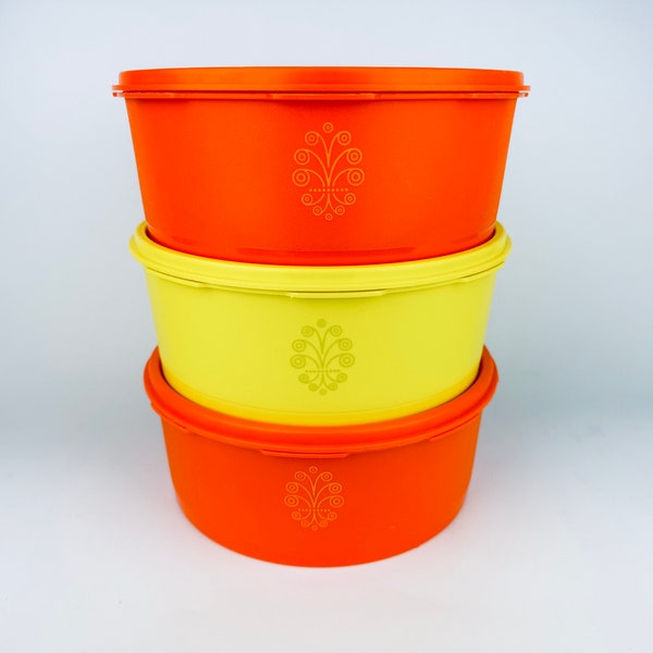 Vintage Orange + Yellow Plastic Tupperware Stackable/Nesting Countertop Container - #1204/1205 - Made In Canada - Sold Separately