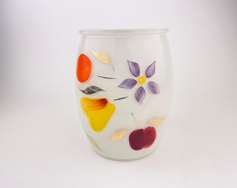 Vintage Handpainted Fruit + Flowers Bartlett Collins White Barrel Open Glass Cookie Jar/Utensil Holder
