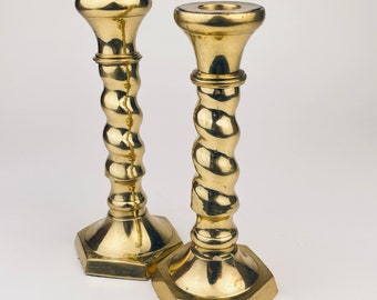 Vintage Twisted Brass Candlestick Holders - Set of Two (2) - Attractive Aged Metal Patina