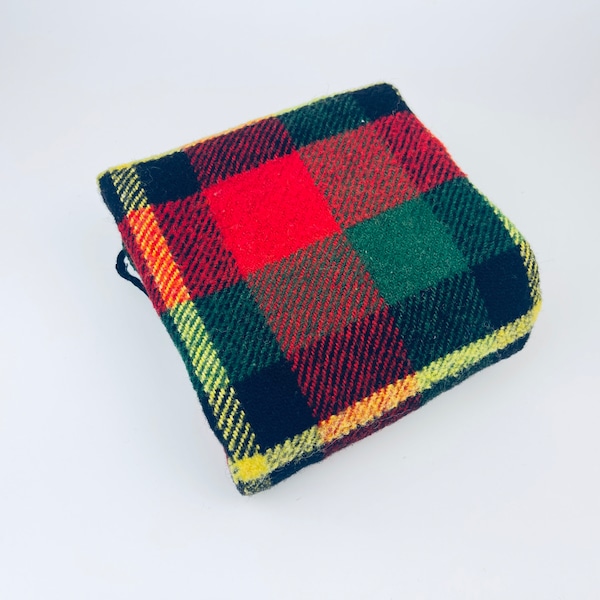 Vintage Red + Green Plaid Fringe Wool Fabric - 17" X 34"