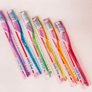 Vintage Gold Star Tooth Brush (NEW) - With Imported Dupont Bristles - Soft + Medium - Set of Six (6) - Sets Sold Separately