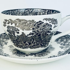 Könnte beinhalten: Weißes Tee-Set mit Tasse und Untertasse, verziert mit einer schwarz-weißen Landschaft. Die Tasse hat einen Henkel und steht auf einer passenden Untertasse mit floralem Rand. Der Tassenrand ist verziert.