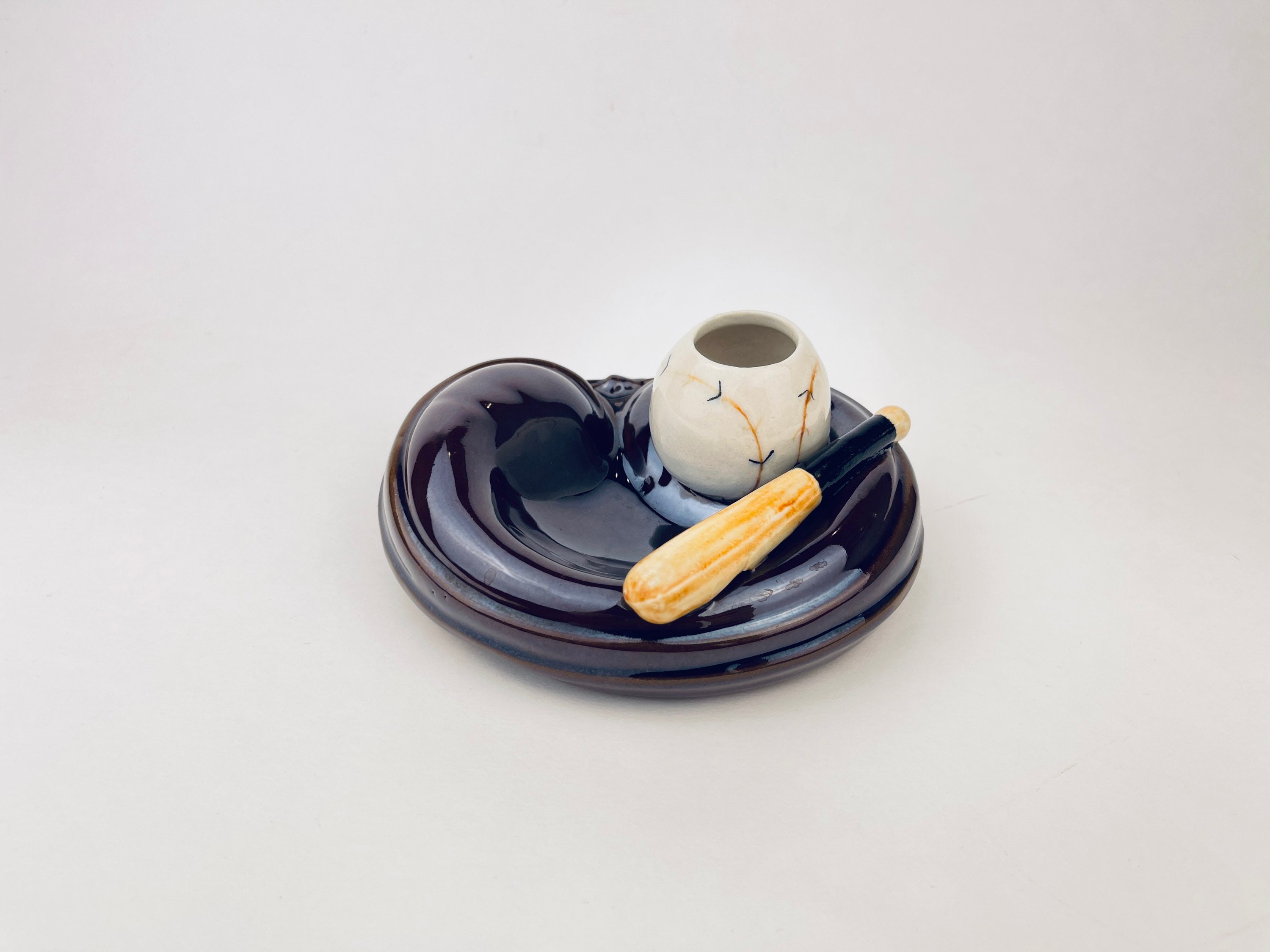 ヴィンテージの赤土製陶器製野球用灰皿＋マッチホルダー（1960年代