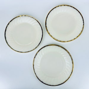 Vintage Fire King White + Gold Gilt Rim Milk Glass Salad Plates - Made In USA - Sold Individually