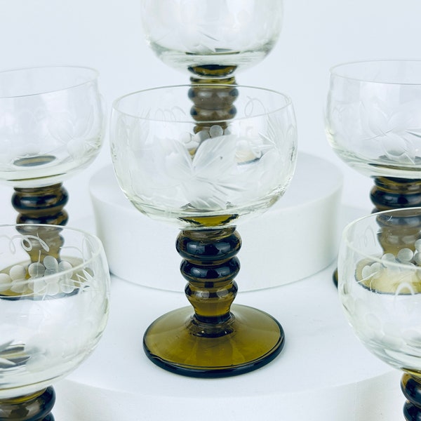 Vintage German 'Roemer' Olive Green Grape Etched Bubble Digestif Liqueur Glass Set - Set of Four (6)