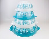 Vintage Rare 39 Amish Butterprint 39 Pyrex Cinderella Bowl Set - 1957 Turquoise Milk Glass - 441 - 444