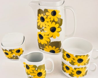 Vintage Yellow Daisy Tea Set - Schirnding Bavaria - Tea Kettle + Cream + Sugar + Tea Cups